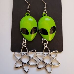 Handmade Atom Metal Green Alien Dangle Earrings